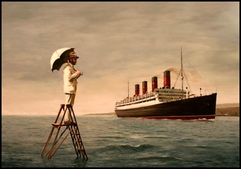 hombre con paraguas contemplando un buque